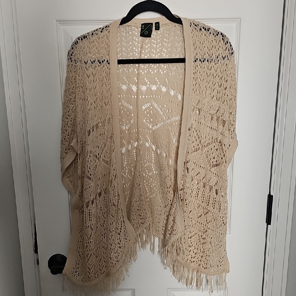 Cream Open-Front Cardigan with Fringe